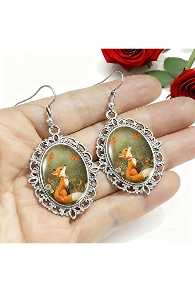 Choice Silver Vintage Oval Forest Fox Dome Glass Dangle Earrings For Women Wo...