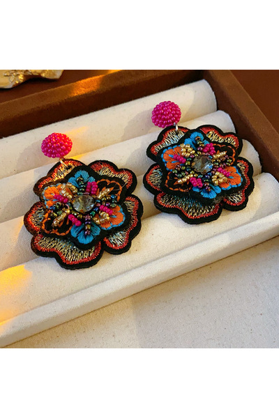 Choice أقراط متدلية ملونة بنمط عرقي، مزينة بتطريزات زهور ملونة، للنساء، بتصمي...