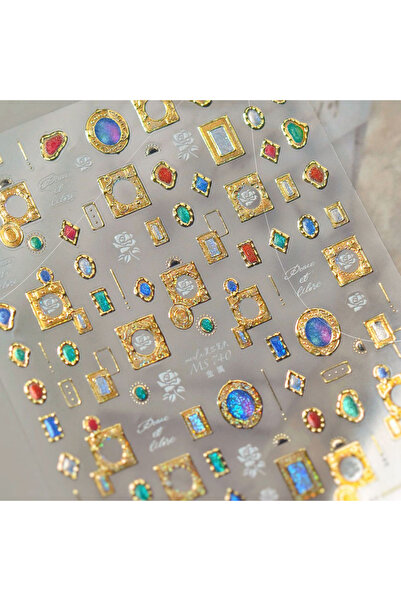 NAILFYOU ملصق MS740 لتزيين الأظافر بأحجار كريمة معدنية ملونة، إطار هندسي ذهبي...