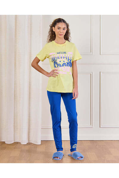 REDTAG Senior Girls Yellow And Navy Printed Pyjama Set (2 Piece)