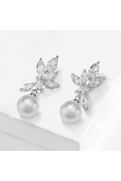Choice White ZAKOL Classic Zircon Pearl Bridal Earrings for Women Shiny Leaf ...