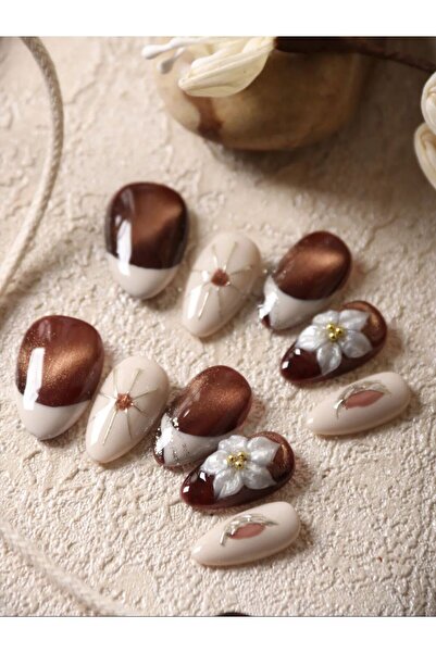 Choice S 10Pcs Press on Nails Short Brown Cat Eyes French Style Fake Nails Includes 1 Sheet Adhesive Tabs .