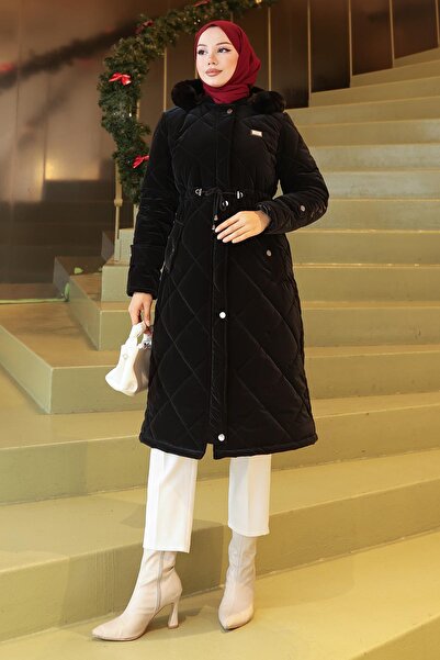 Missvalle Zippered Waist Lace-Up Quilted Coat Black 19283