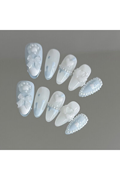 Choice أظافر صناعية صغيرة الحجم مصنوعة يدويًا بتصميم مخلب دب لطيف، لون أزرق ف...