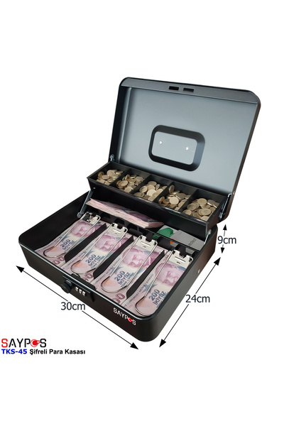SAYPOS Şifreli Açılır ve Taşıma Kulplu Para Kasası 4 Kağıt 5 Bozuk Para Gözlü...