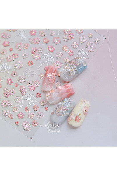 Choice MS780 Cherry Blossom Pink Flower Sakura Spring 5D Nail Art Sticker Gold Stamping Soft Adhesive Reli
