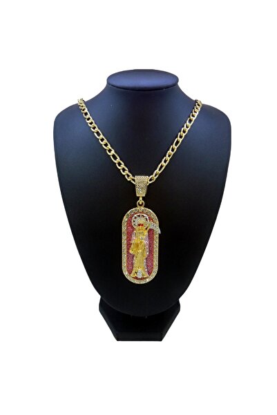 Choice قلادة سانتا مويرتي وردية اللون مطلية بالذهب عيار 14 قيراطًا، بطول 60 س...