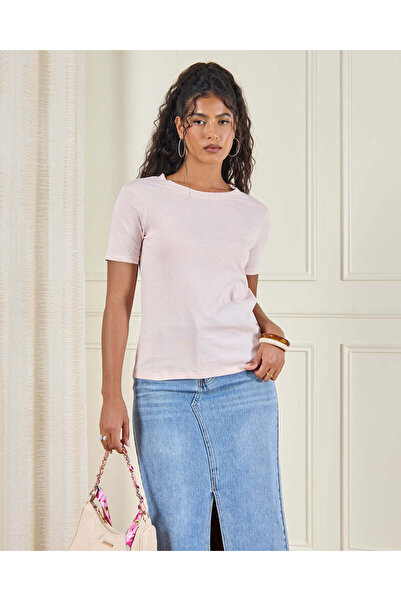 REDTAG Women Pink Short Sleeve Crew Neck T-Shirt