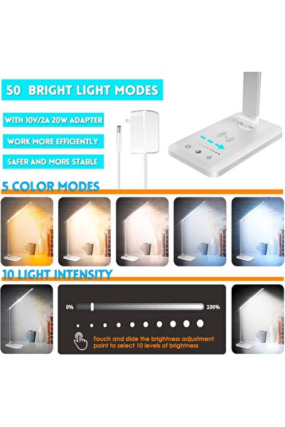 Arabest LED Desk Lamp with Wireless Charger, USB Charging Port, Desk Light with 10 Brightness, 5 Color Modes
