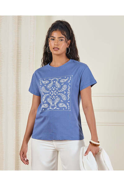 REDTAG Women Blue Printed Short Sleeve T-Shirt