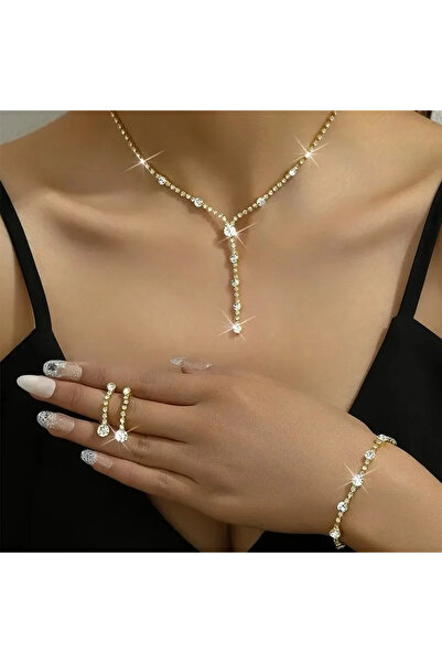 Choice 8931-Golden 4PC Women's Fashion Trend Minimalist Water Diamond Earring...