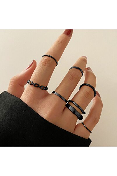 Choice RI22Y0311، طقم من 7 قطع، خواتم رفيعة بسلسلة معدنية سوداء بتصميم بسيط، ...