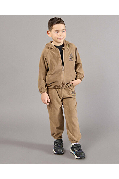 REDTAG Boys Brown Hooded Zip Front Jog Set (2 Piece)