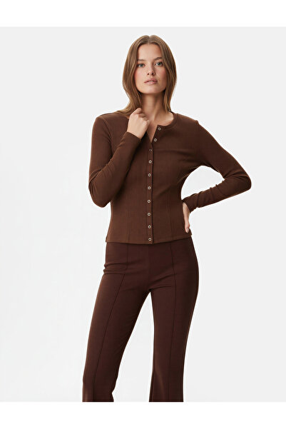 Koton Long Sleeve Crew Neck Stitching Detail Snap Button Cardigan