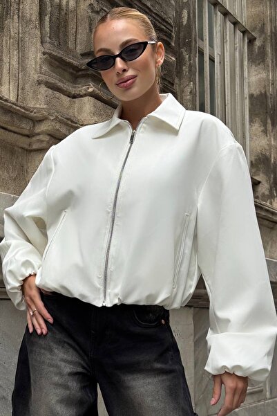 Trend Alaçatı Stili Women's White Shirt Collar Bomber Jacket with Elastic Waist and Sleeves Lined Vs01394