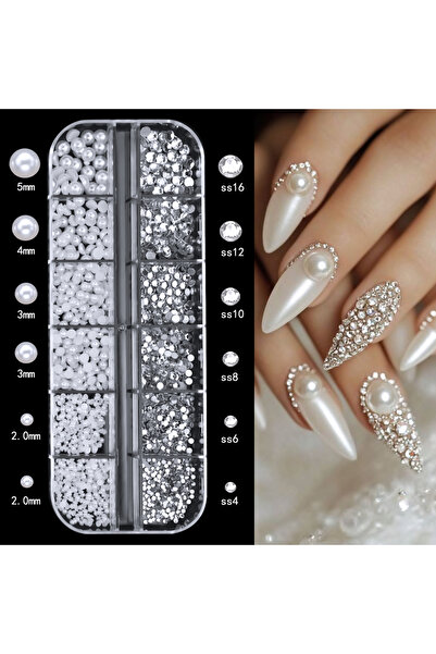 Choice 02 12 Grids/Box 3D Round Pearl White Nail Flat Rhinestones Mixed Size Caviar Beads Nail Stickers Nai