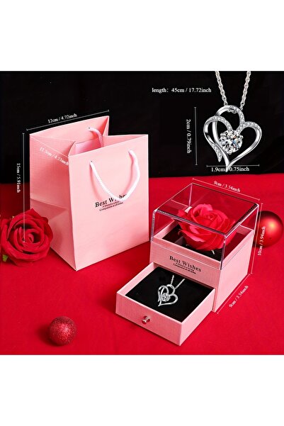 Choice علبة هدايا أنيقة من البلاستيك تحتوي على وردة محفوظة مع قلادة على شكل ق...