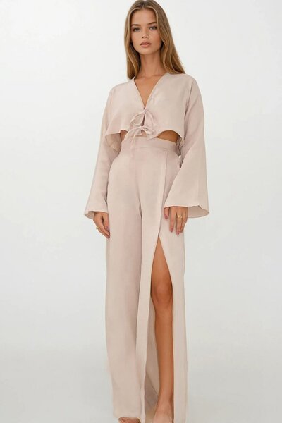 VAGGON Women's Beige Elastic Waist Double Pocket Slit Detailed Pants and Tie ...