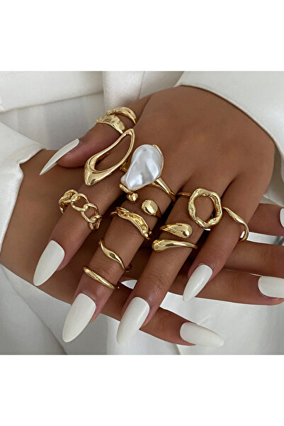 Choice مجموعة خواتم إنجيمارك الذهبية اللون، 12 قطعة، بتصميم عتيق غير منتظم عل...