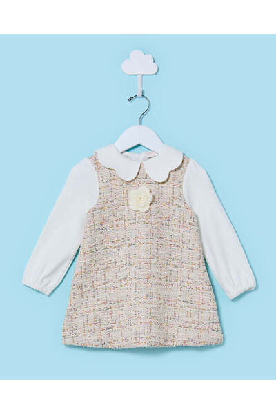 REDTAG فستان تويد وردي وأبيض بياقة للبنات الصغيرات