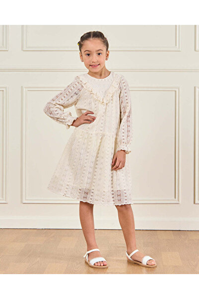 REDTAG Girls Beige Lace Dress With Frills Details