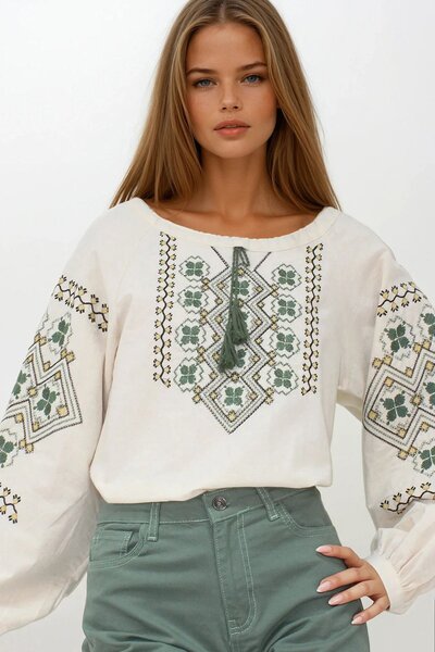 Trend Alaçatı Stili بلوزة نسائية من الكتان الخام بأكمام بالون مطرزة باللون ال...