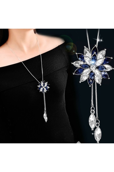 Choice قلادة طويلة بتصميم ندفة ثلجية زرقاء وبيضاء، مزينة بسلسلة معدنية وشرابة...