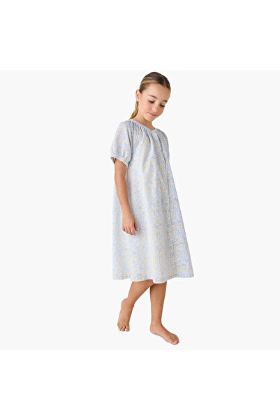 Juniors Floral Print Night Dress with V-neck and Short Sleeves