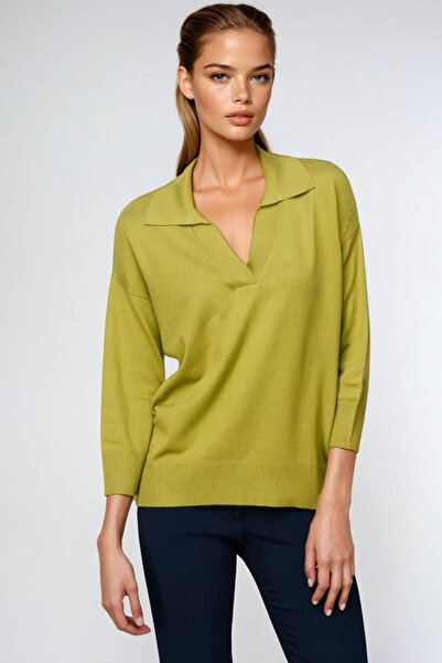 Trend Alaçatı Stili Kadın Yeşil Polo Yaka Uzun Kollu Bluz Vs00959