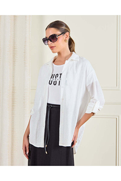 REDTAG قميص نسائي عاجي اللون بأزرار أمامية وأكمام قابلة للطي