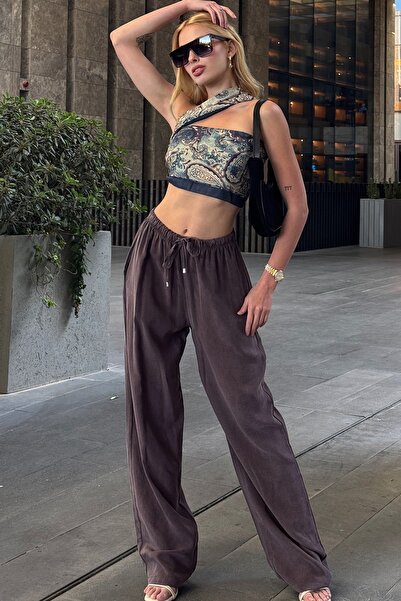 Trend Alaçatı Stili Women's Plum Elastic Waist Palazzo Linen Trousers V00047-A