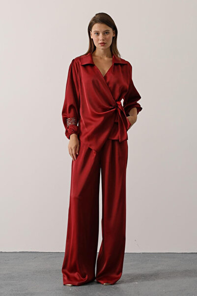 Trend Alaçatı Stili Women's Burgundy Satin Textured Side Tie Blouse and Wide ...
