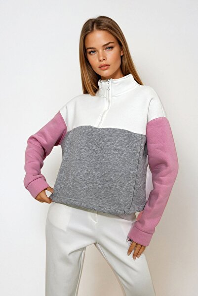 Trend Alaçatı Stili Women's Pink Stand Collar Half Zip Color Block Sweatshirt Prm1346