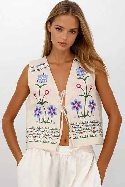 Trend Alaçatı Stili Vestă de in brut pentru femei, broderie cremă, cu detaliu de șireturi Vs00241