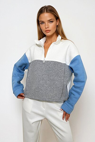 Trend Alaçatı Stili Women's Blue D Mock Neck Half Zip R Color Block Sweatshirt Prm1346