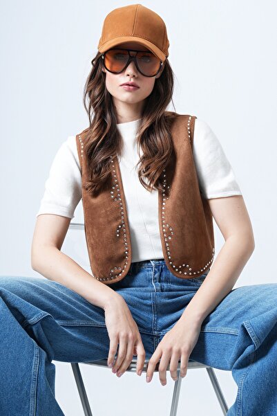 Trend Alaçatı Stili Women's Taba Stone Embroidered Suede Short Vest Vs01515