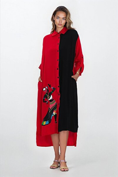 Trend Alaçatı Stili Women's Red Shirt Collar Slit Detailed Plus Size Shirt Dr...