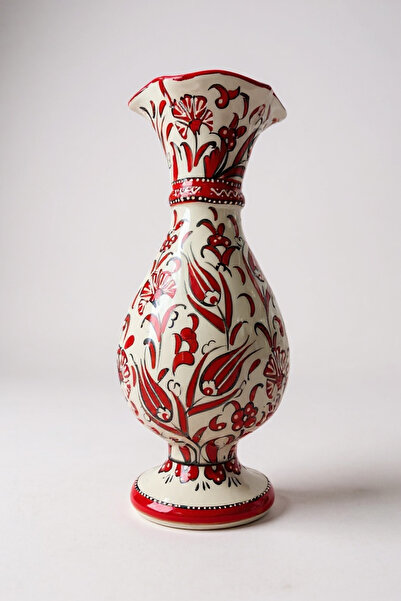 STORESZA El Yapımı Özel Tasarım Samur İşçiliği 30Cm Kırmızı Beyaz Sümbül Çini...