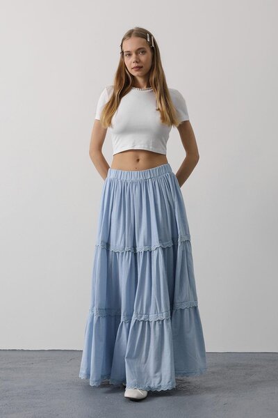Trend Alaçatı Stili Women's Baby Blue Elastic Waist Lace Detailed Pleated Maxi Skirt Vs00604