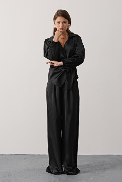 Trend Alaçatı Stili Women's Black Satin Textured Side Tie Blouse and Wide Leg Pants Set Vs01149