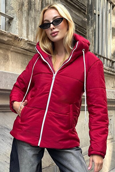 Trend Alaçatı Stili Women's Fuchsia Zippered Hooded Double Pocket Puffer Lined Coat Vs01299