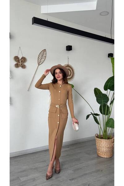 AYTE BELİ KEMERLİ YIRTMAÇLI ŞIK MİDİ ELBİSE