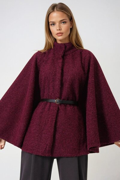 VAGGON Women's Burgundy Belted Hidden Button Premium Cape Vs01011