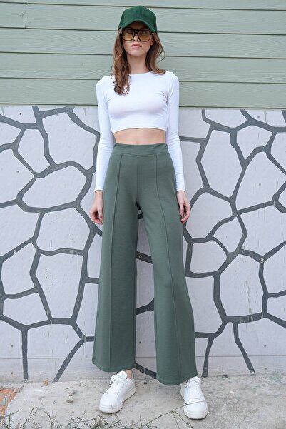 Trend Alaçatı Stili Women's Khaki High Waist Elastic Waist piped Palazzo Pants Vs01226