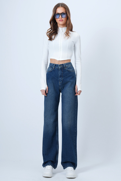 Trend Alaçatı Stili Women's Dark Blue High Waist Straight Leg 5 Pocket Denim Pants Vs01355