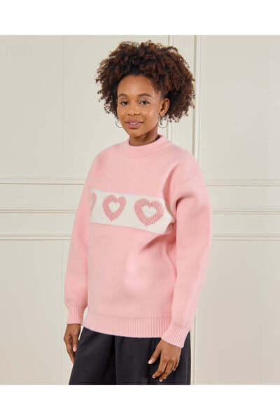 REDTAG كنزة صوفية مطبوعة بقلوب وردية اللون للبنات الكبيرات