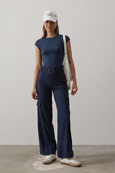 Trend Alaçatı Stili Women's Indigo Belted Cargo Pocket Palazzo Pants Vs00586
