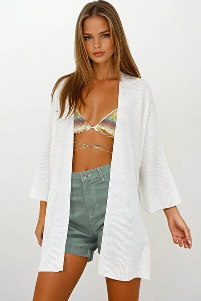 Trend Alaçatı Stili Women's Ecru Oversized Long Knitwear Cardigan Vs00252