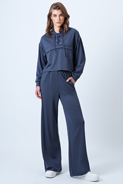 Trend Alaçatı Stili Women's Anthracite Hooded Bird-Eye Sweatshirt and Palazo ...