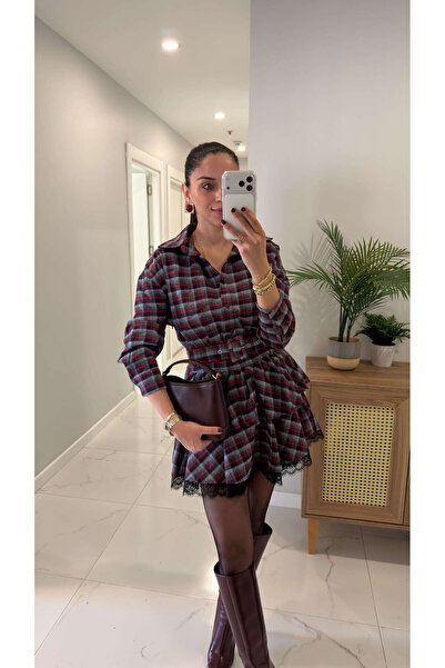 BİRCANÇİL Vitto Red Lace Detailed Belted Plaid Dress